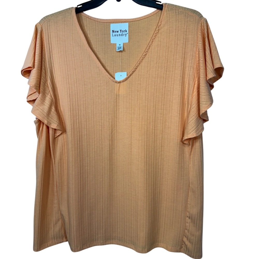 New‎ York Laundry Womens 3X Melon Coral Ribbed V-Neck Flutter Sleeve Top NWT